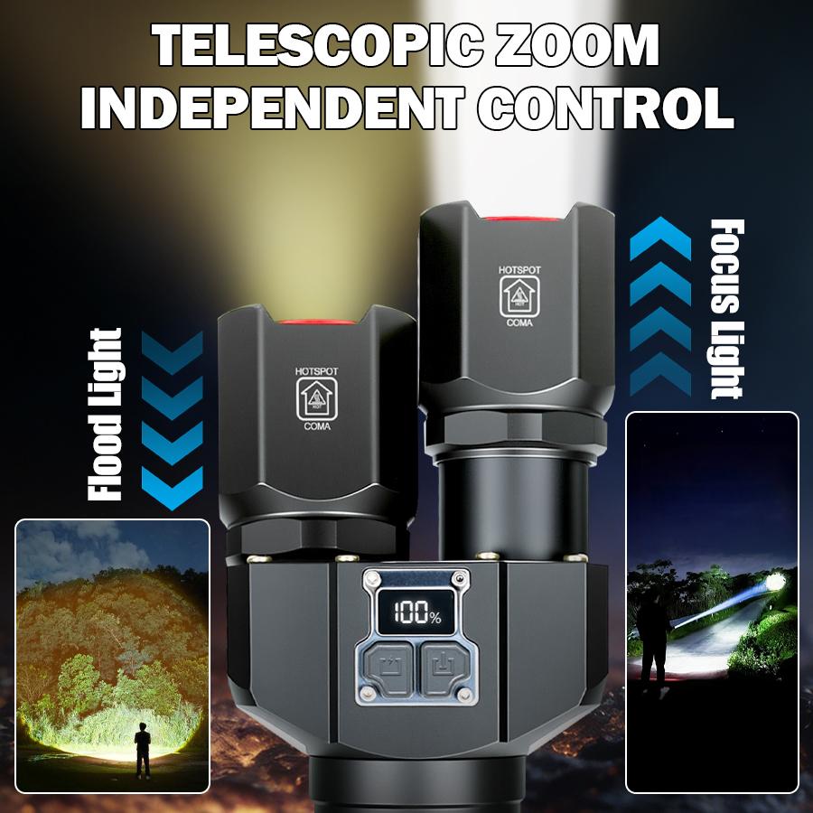 Powerful Dual Light Source LED Flashlight USB Rechargeable Zoom White Yellow Torch Long Range Flashlight With 4*181350 Battery