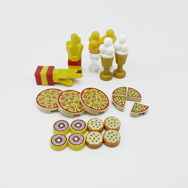 Food Building Blocks City Friend Accessories Bread Chips Roast Chicken Pizza Hot Dog Fish Fruit Carrot Basket Classic MOC Bricks