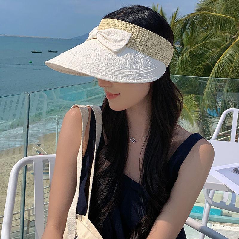 Letní malý čerstvý dámský slaměný cop, malý skládaný klobouk seersucker s prázdnou mašlí a kšiltem, velký závěsný sluneční klobouk se slunečním filtrem