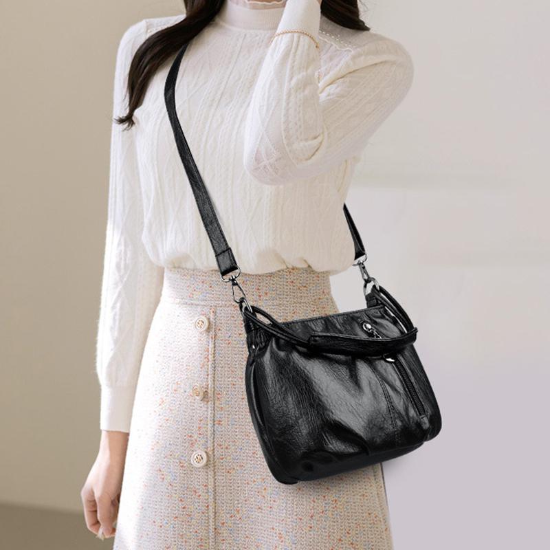New Fashion Retro Shoulder Bag Women's Handbag Multi Layer Large Capacity Travel PU Leather Crossbody Bag AVE