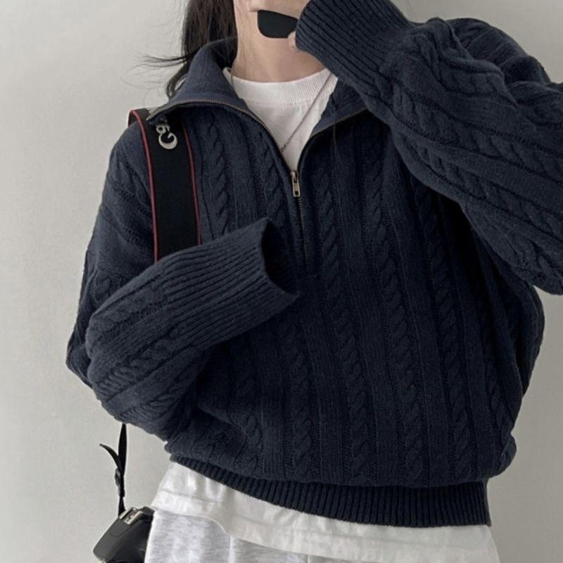 South Korea Chic Autumn and Winter Chunky Knit Top Women Retro Twist Half Zipper Lazy Short Sweater Coat