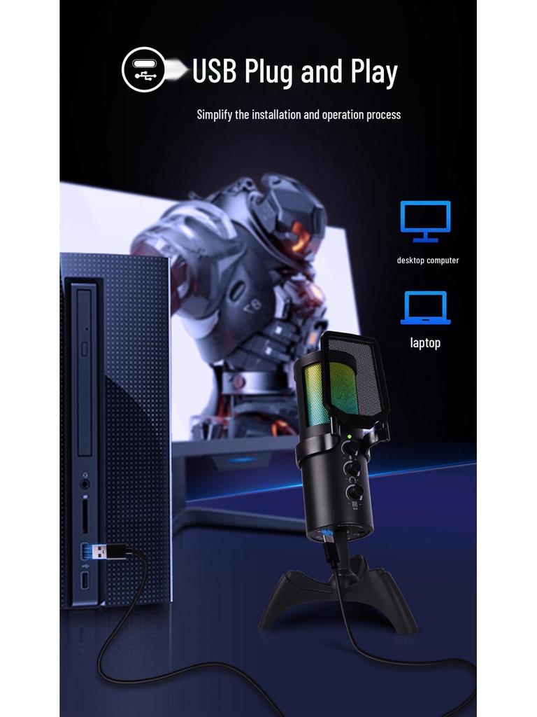 Cross-Border USB Capacitive Microphone: Perfect for Gaming, Mobile Recording, Live Broadcast, Karaoke, with One-Key Noise Reduction.