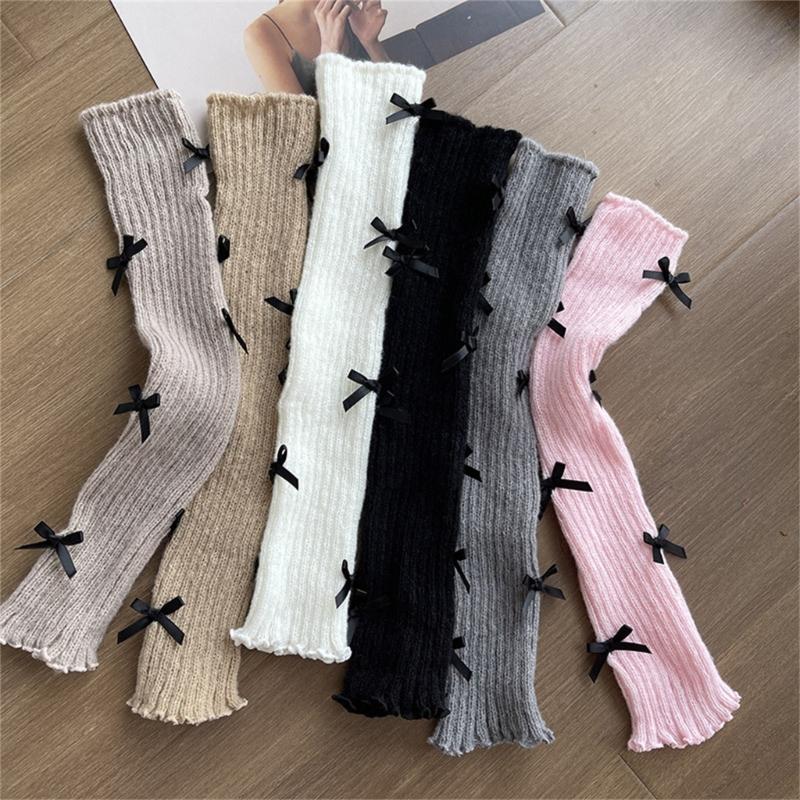Women Girls Ribbed Knit Solid Color Leg Warmer Aesthetic Elegant Sweet Bowknot Footless Long Socks Ruffled Leg Covers