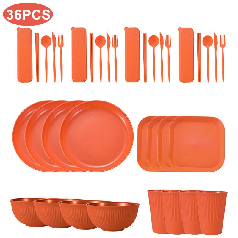 32/36pcs Wheat Straw Cutlery Set Spoon Fork Chopsticks Tableware Picnic Camping Cup Bowl Dish Dinnerware Set Kitchen Accessories