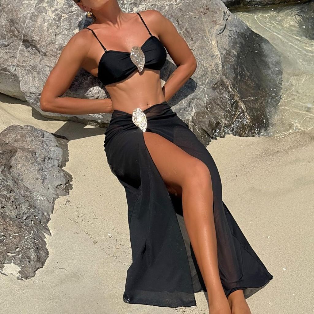 2026 Solid Color Metal Oyster Buckle Three-piece Tube Top Swimsuit Bikini