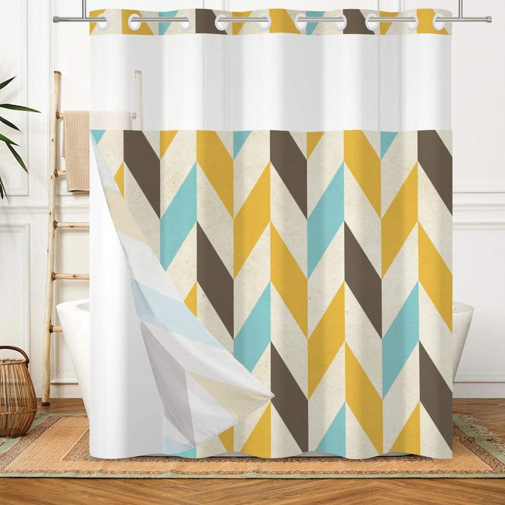 Hookless Double Layer Shower Curtain Geometric Pattern Printed Removable Lined Bathtub Waterproof Bathroom Curtains Decoration