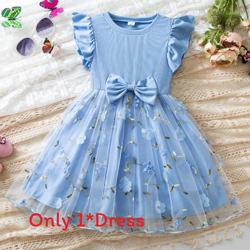 Girl Summer Princess Dress With Floral Embroidery And Tulle For Kids