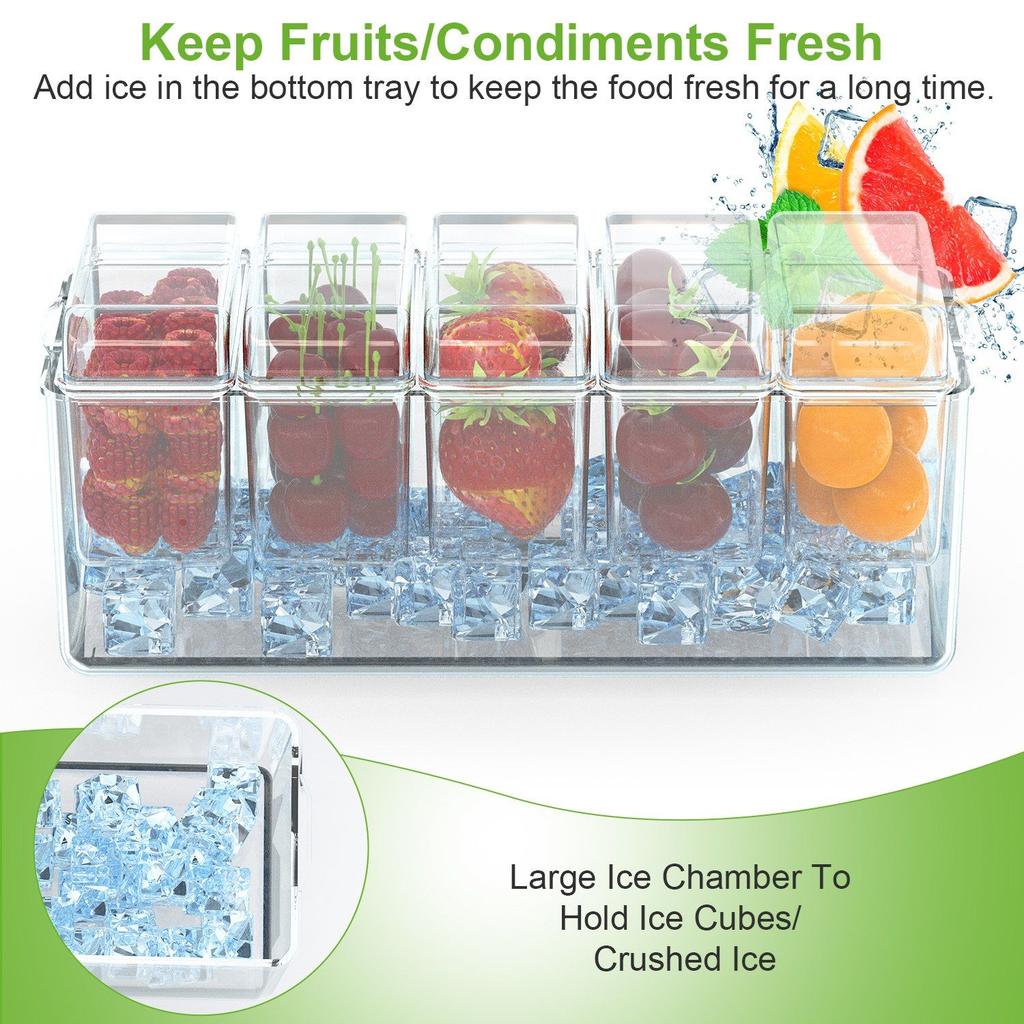 For Ice Chilled Condiment Caddy Serving Tray Container Bar Garnish Holder Salad Platter Server Food Storage with 5 Removable Con