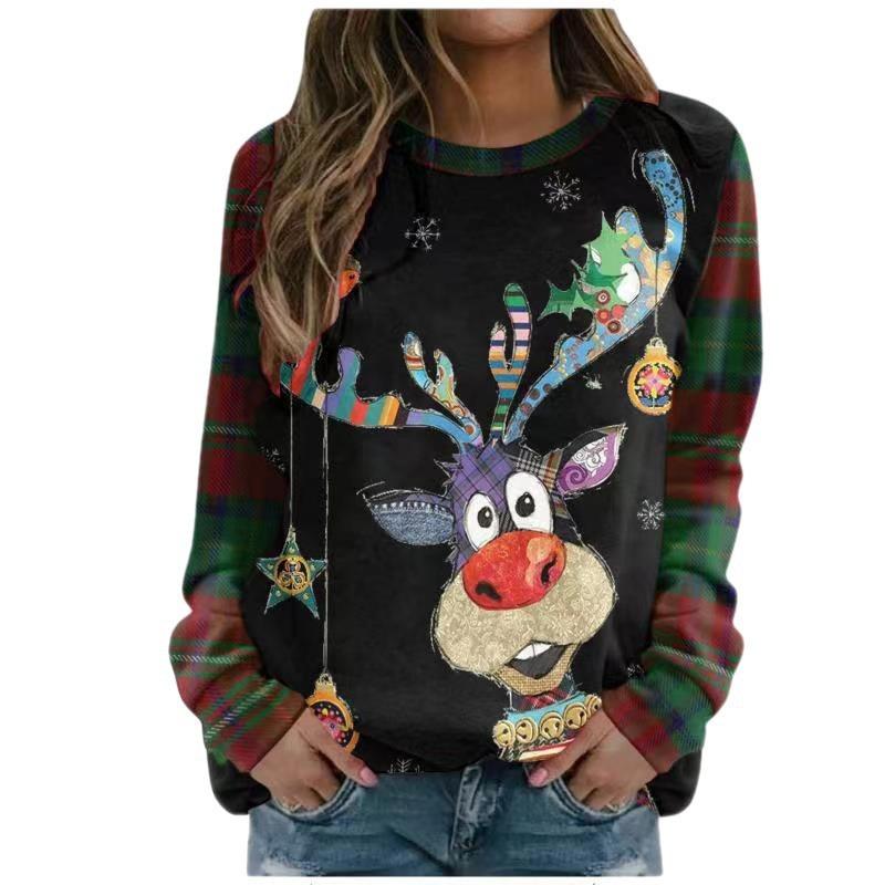 Cartoon Christmas Deer Pattern Women Fashion T-Shirts Long Sleeve 3D Printed