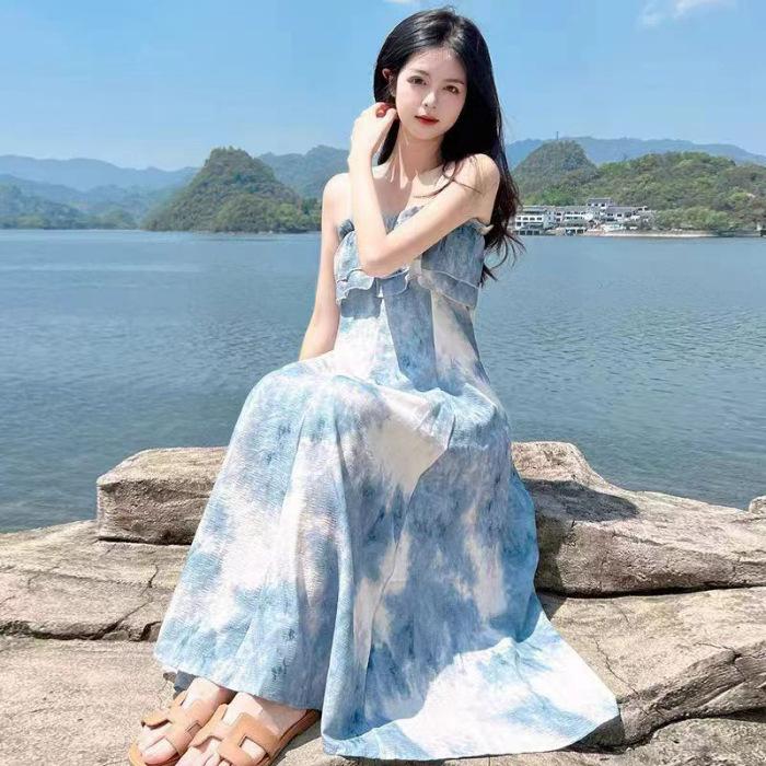 

Dress female waist thin ink painting smudged small sweet on the run princess fairy suspender skirt S
