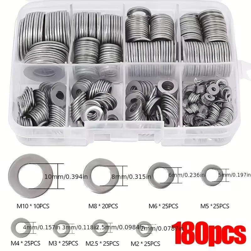 Stainless Steel Flat Washer Assortment Kit M2 M2.5 M3 M4 M5 M6 M8 M10, Hardware Fasteners for Home Decoration Industrial Repair