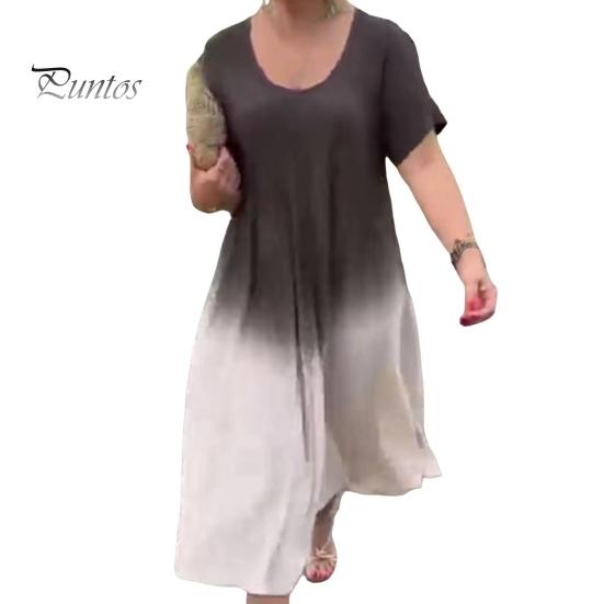 

Женское платье миди с круглым вырезом и коротким рукавом, градиентного цвета, длиной до середины икры, повседневное платье свободного кроя из мягкой легкой ткани M чёрный