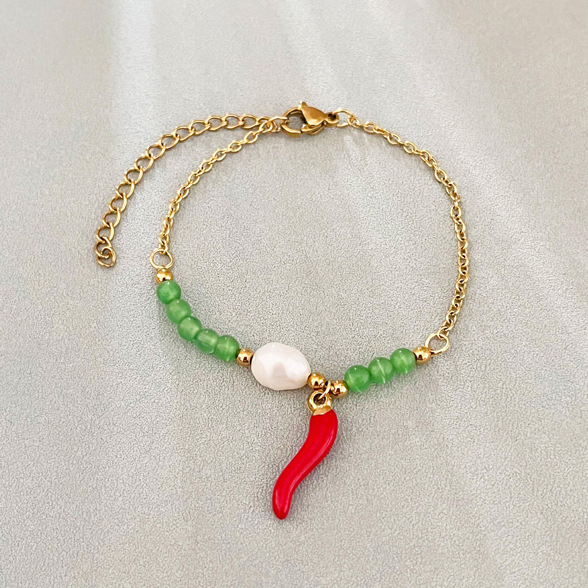 French Retro Minimalist Pearl & Red Chili Cat s Eye Stone Beaded Bracelet