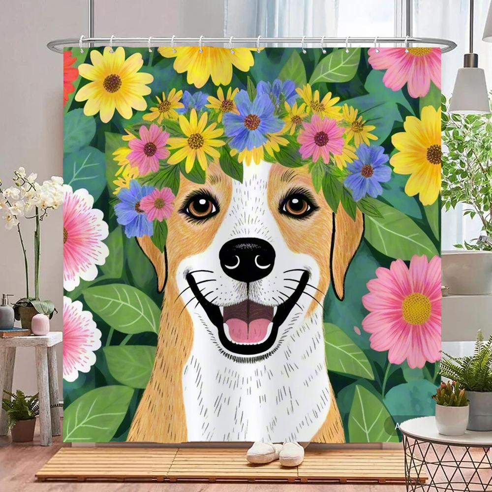 watercolor flowers and plants dog animal shower curtain Print polyester waterproof bathroom curtains with hook decorate curtain