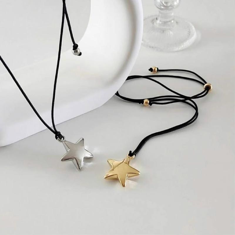Star Pendant Collar Necklace Adjustable Black Rope Choker Necklace Jewelry