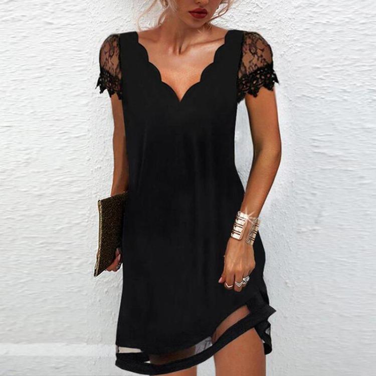 Sexy V Neck Lace Sleeves Dress Women Summer Party Dress Solid Color Short Sleeve Ladies Dress