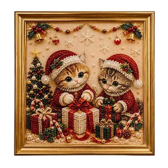Faux Pearl Painting Kit for Adults Christmas Cat Art with Frame, Kitty DIY Embroidery Kit, 3D Bead Wall Craft Adults, Handmade Home Holiday
