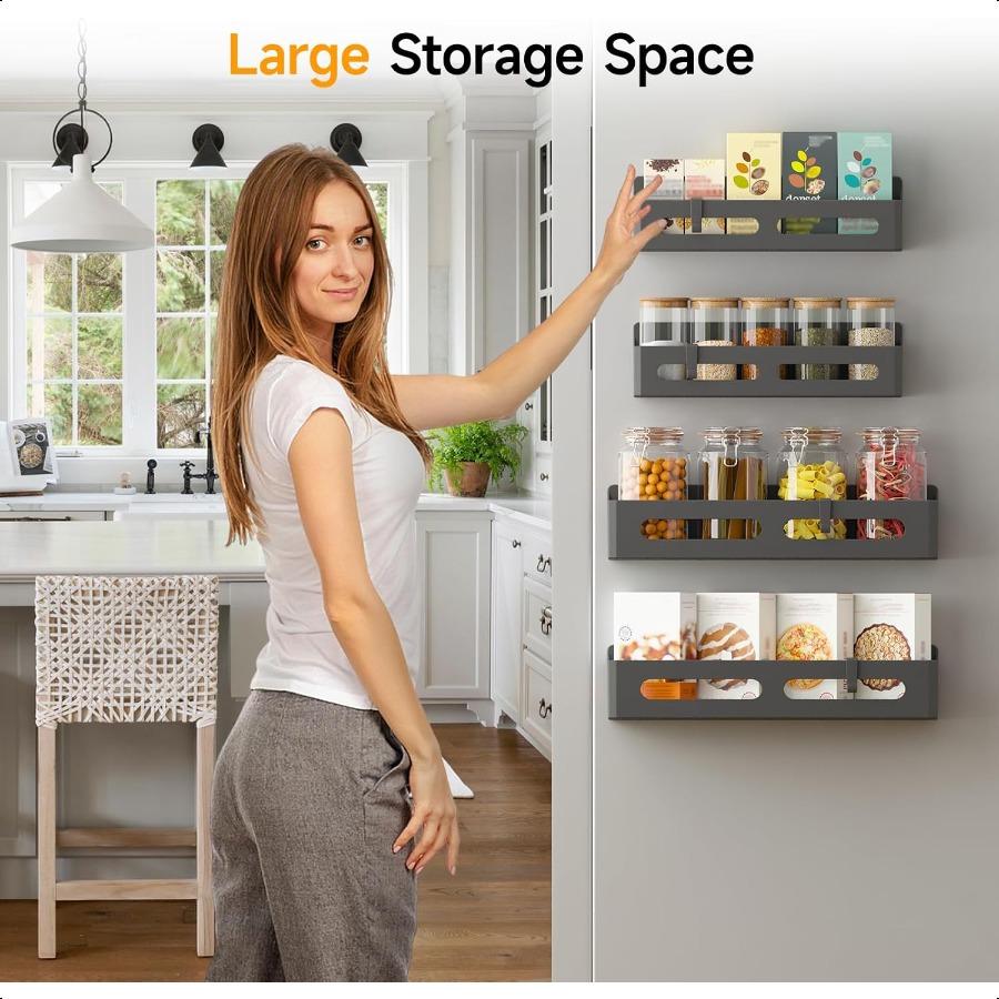 4 Pack Magnetic Spice Rack for Refrigerator Spice Rack Organizer Moveable Magnetic Shelf Fridge Organizer with 4 Hooks for Kitc