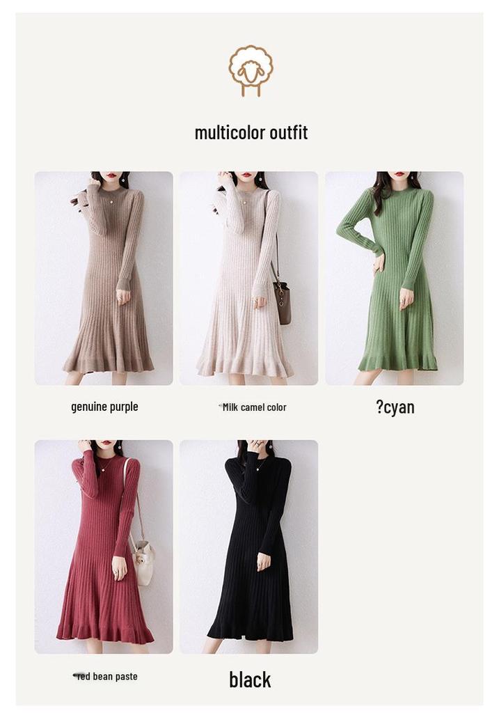 Elegant Women's 100% Pure Wool Knit Dress - Slimming, Round Neck, Long Cashmere for Autumn and Winter