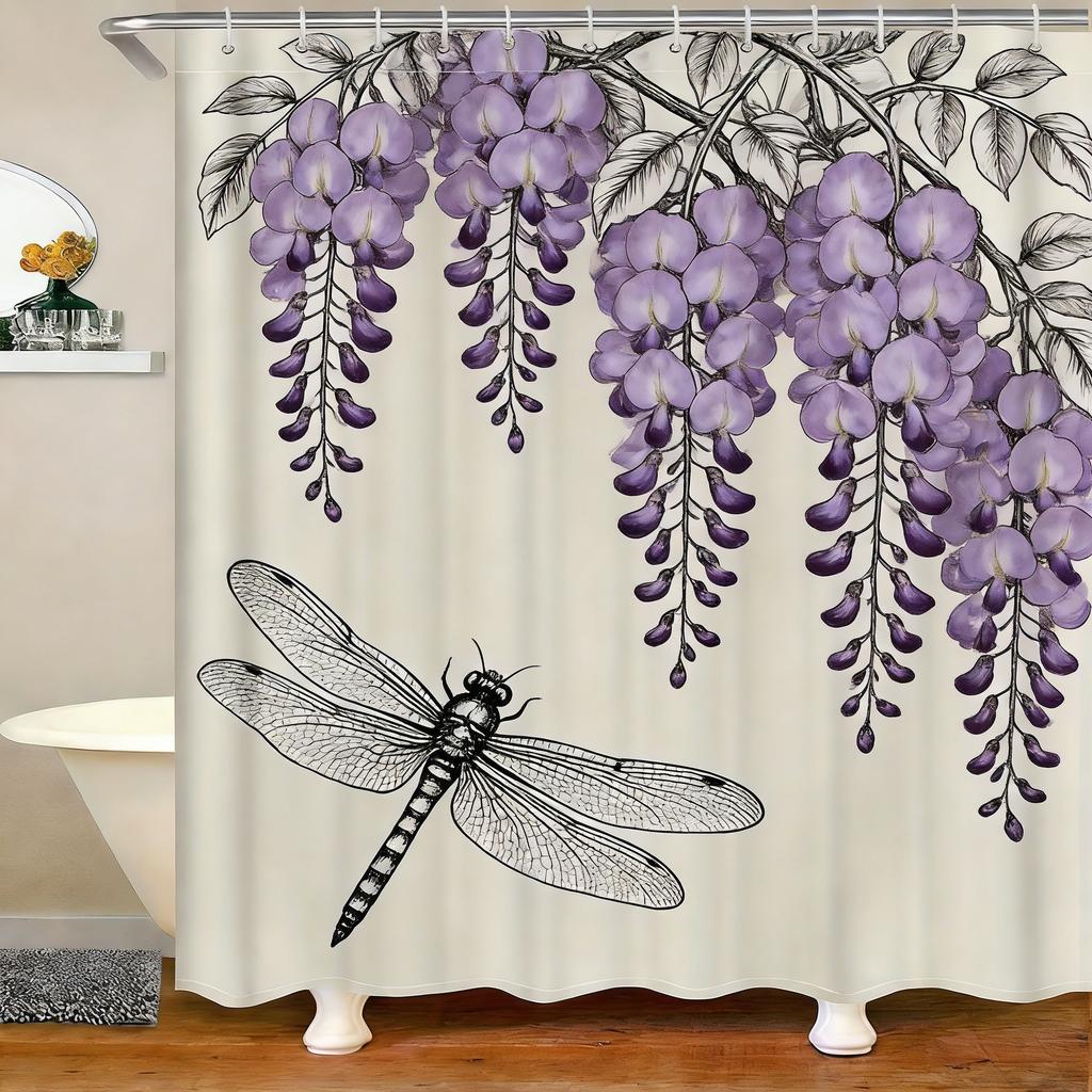 Vintage Moth & Floral Sketch Waterproof Shower Curtain for Bathroom Decor