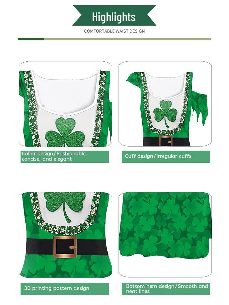 Clover St. St. Patrick's Day Kleid mit asymmetrischen Ärmeln und digital bedrucktem Rock für Damen