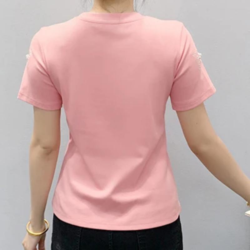 Summer New Fashion Women 100% Cotton Beading Butterfly Designer T-Shirts Short Sleeve Tees Casual Female Tops Shirts