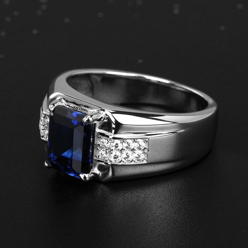 Luxury Sapphire Zircon Crystal Men's Fashion Jewelry Silver Ring