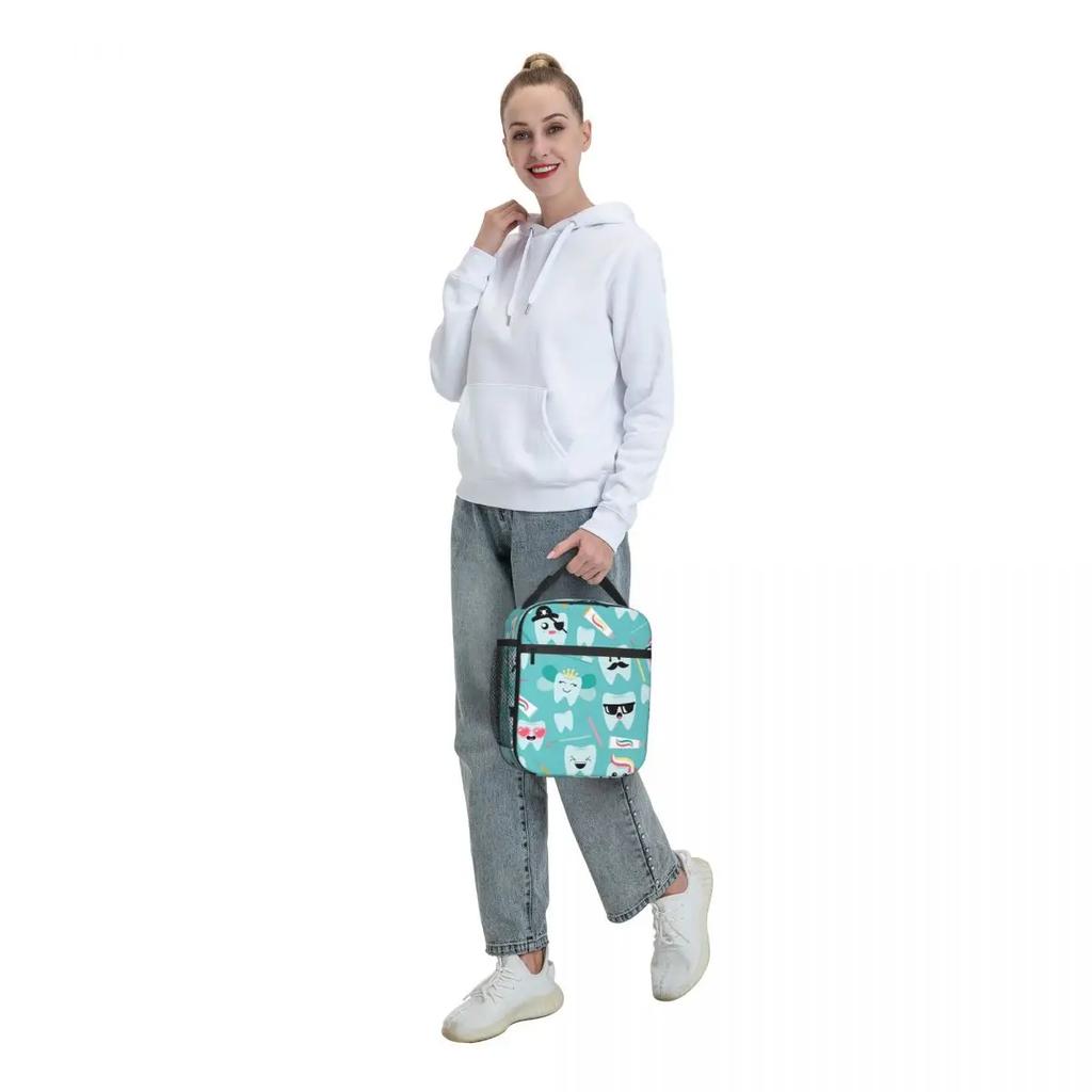 Kawaii Teeth  Pattern Insulated Lunch Bag for Women Portable Tooth Thermal Cooler Bento Box Office Picnic Travel