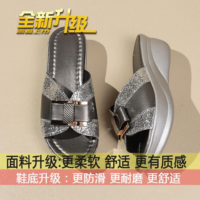 

Slippers women s summer wear thick-soled wedge heel one-word drag 2025 new fashion beach shoes mid-heel bow sandals 35