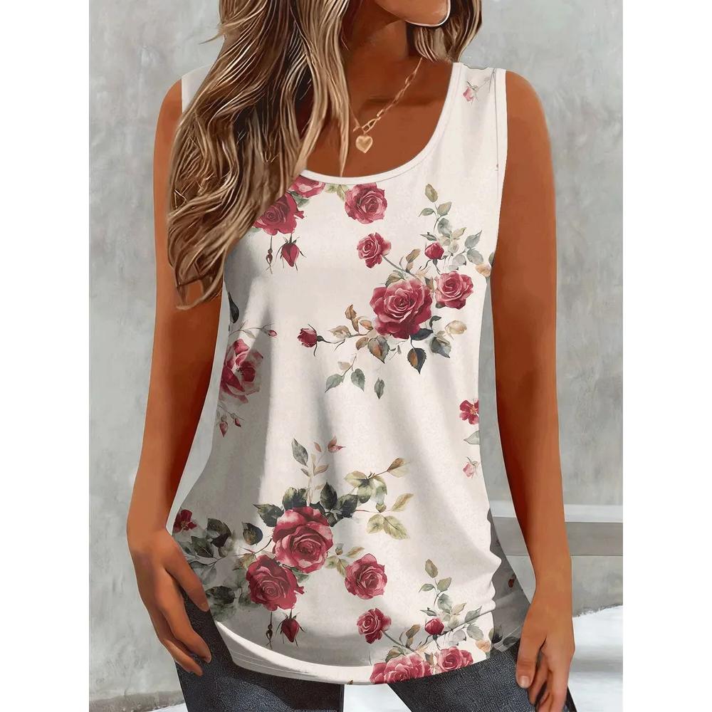 Fashion Women's Flower Printed T-Shirt Casual Loose Sleeveless Top Comfortable Camis Tank Tops
