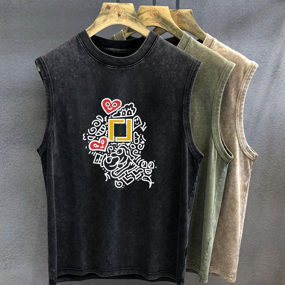 Men's Tank Top Vintage Washed Abstract Figure Graphic Print Oversized Sleeveless Vest Summer Women's Gym Y2k Clothes