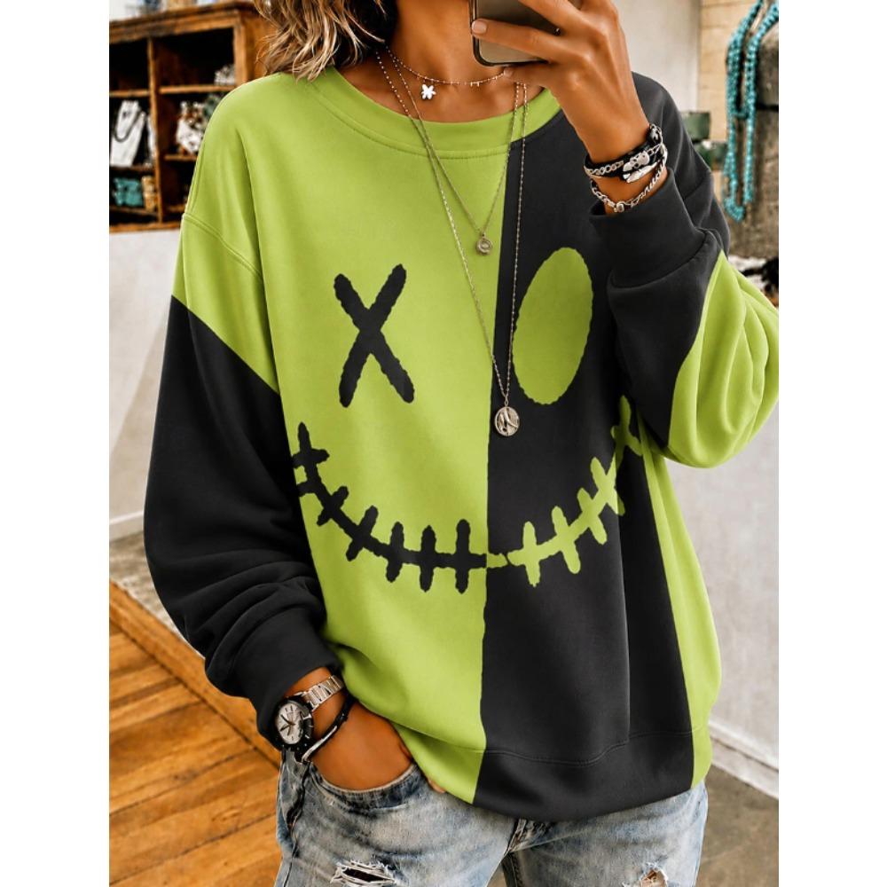 Tops for Women Halloween Print  Round Neck Long Sleeve T-shirt Fall Casual Slim Pullover Women's Long Sleeve Top