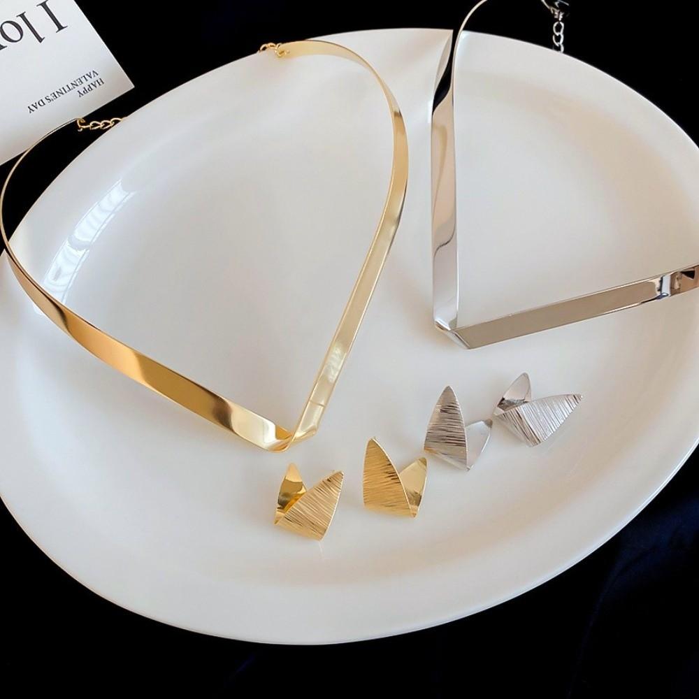 Metallic Finish Choker Necklace Gothic Irregular Earrings Torque Collar Punk Jewelry Set  Festival