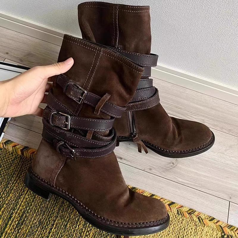 Desert boots new retro straps western cowboy boots women's brown pile boots medium tube knight boots
