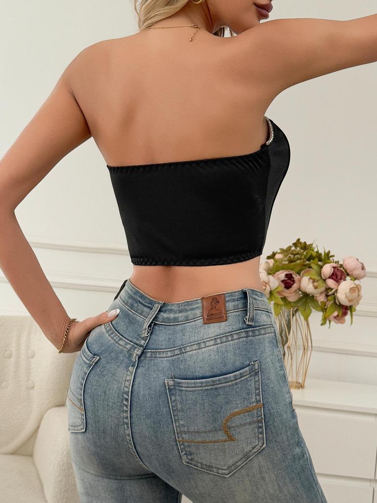 European & American Style Diamond-Embellished Fishbone Tube Top Vest for Women