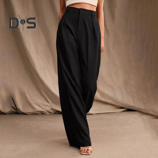 Women Pants High Waist Button Zipper Closure Straight Wide Leg Long Trousers with Pockets Solid Color Commuting Style Pants