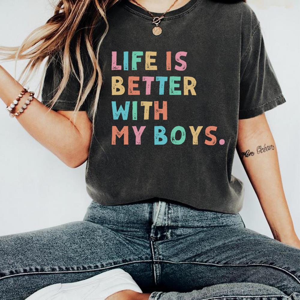 Life Is Better with My Boys T Shirt Mom of Boys Tshirt Mama Boy Shirts Fashion Women Short Sleeves Tops Mothers Day Gift