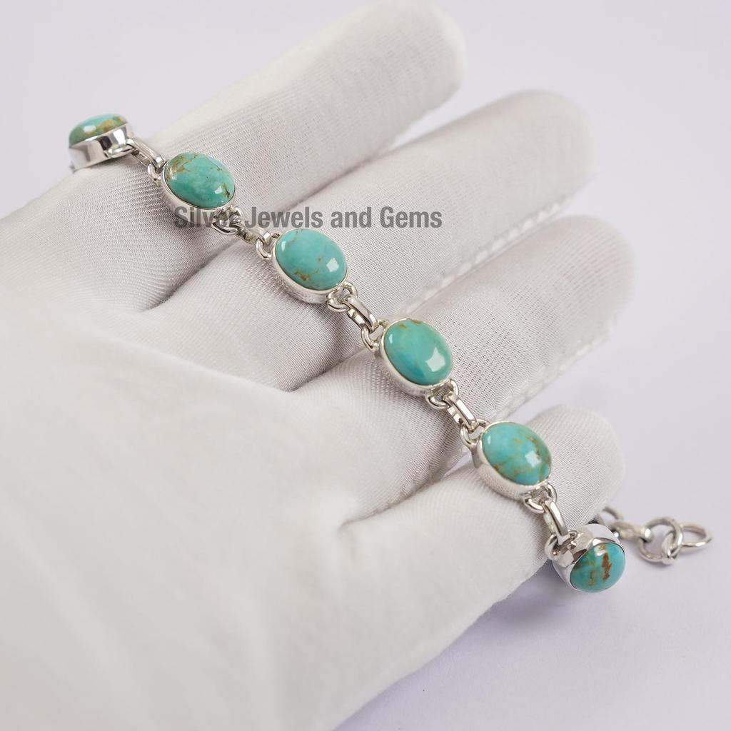 Turquoise 925 Sterling Silver Bracelet: Handmade Oval Gemstone Jewelry