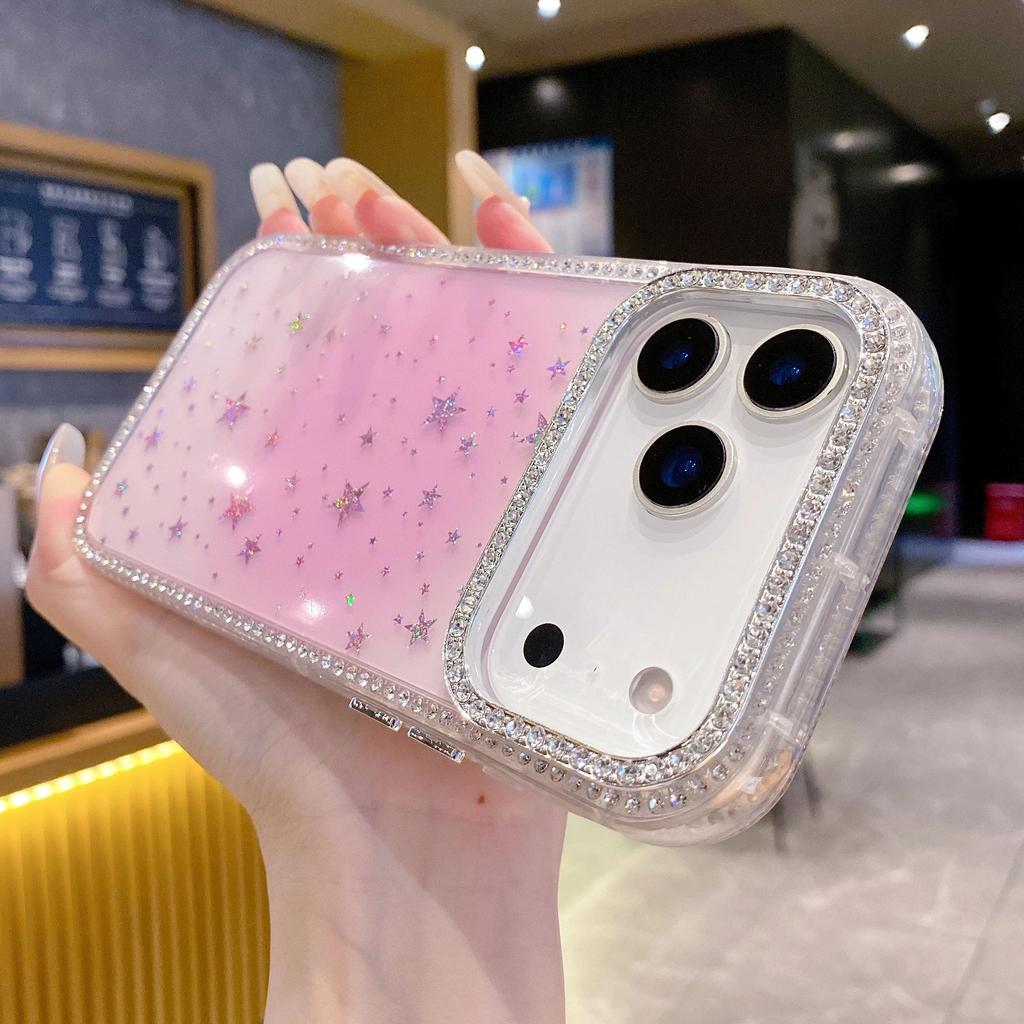 Shining Diamond Gradient Star Sequin Case For 17 16 16E 15 14 13 12 11 Pro Max Plus Rhinestone Transparent Glitter Cover