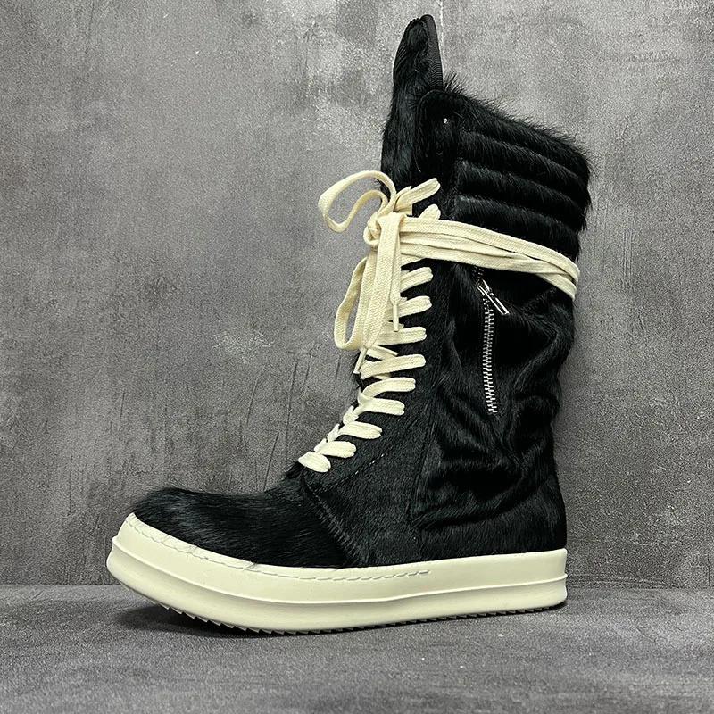 Couple Style Leisure Thick Bottomed Boots Shoes Luxury Horsehair Genuine Leather High Top Zippers Lace Up High Street Sneakers
