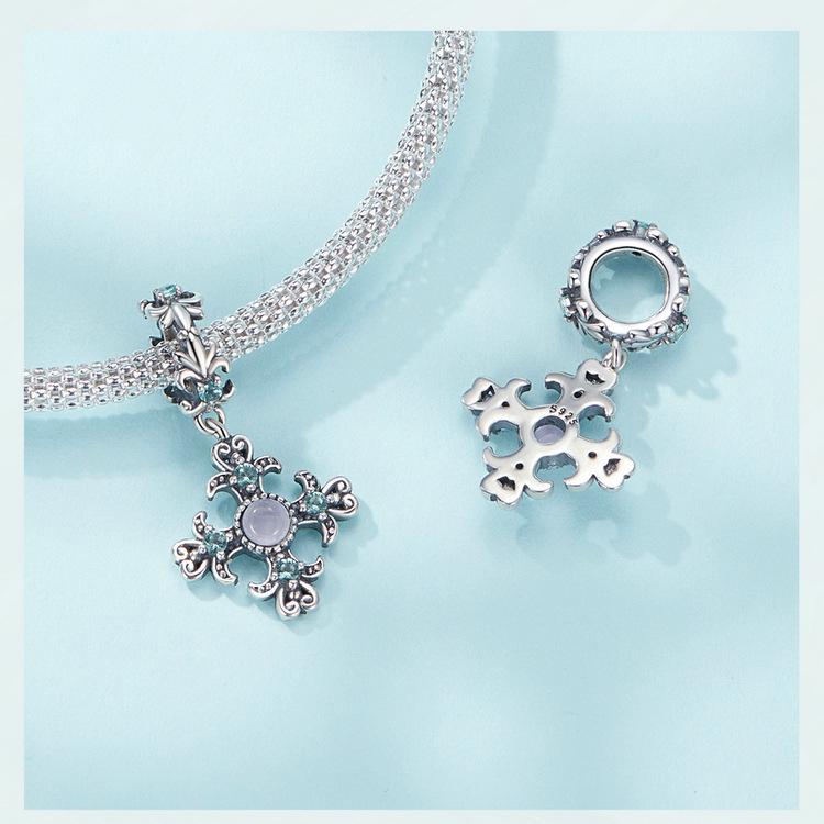 Retro Iris Cross Pendant in S925 Sterling Silver with Platinum-Plated Beads for DIY Jewelry