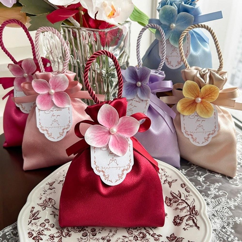 Satin Flower Drawstring Bag Mini Festive Sugar Bag Fashion Wedding Candy Bag  Festival