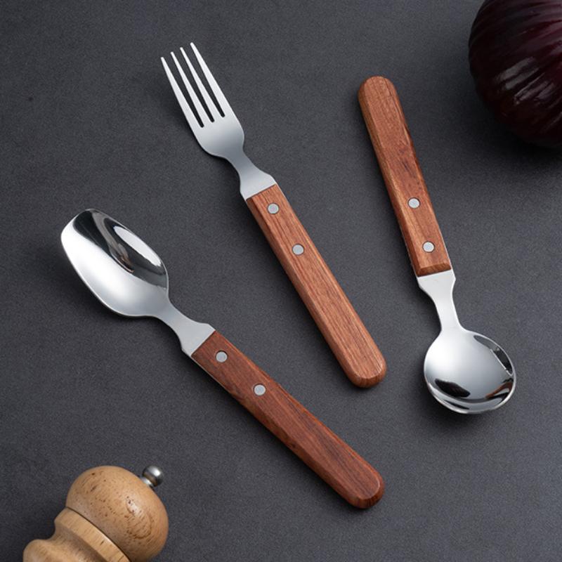 HANYANG – vaisselle à manche en bois, articles ménagers, petite cuillère à soupe en acier inoxydable 304, fourchette à Steak, cuillère à Dessert, vaisselle