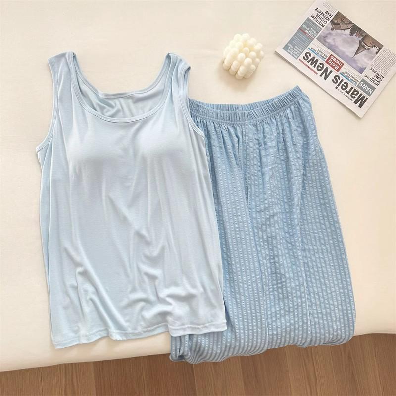 Women's Summer Padded Strappy Camisole and Pants Pajama Set - Imitation Cotton Cloud Lapel