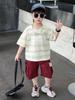Children's Handsome Summer 2026 Casual Letter Stripe Short Sleeve Two-Piece Set