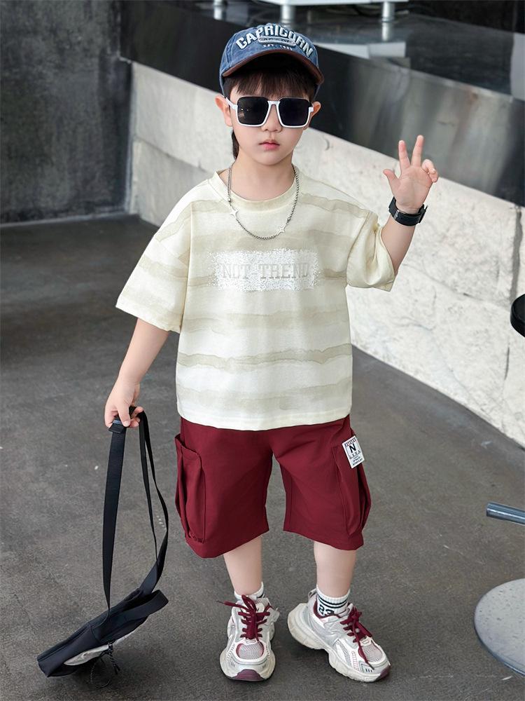Children's Handsome Summer 2026 Casual Letter Stripe Short Sleeve Two-Piece Set