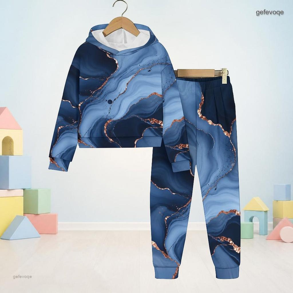 Boys Girls Hooded Long Sleeve Sweatshirt Marble Printed Blue Gold Cuffed Pants Two Piece Set
