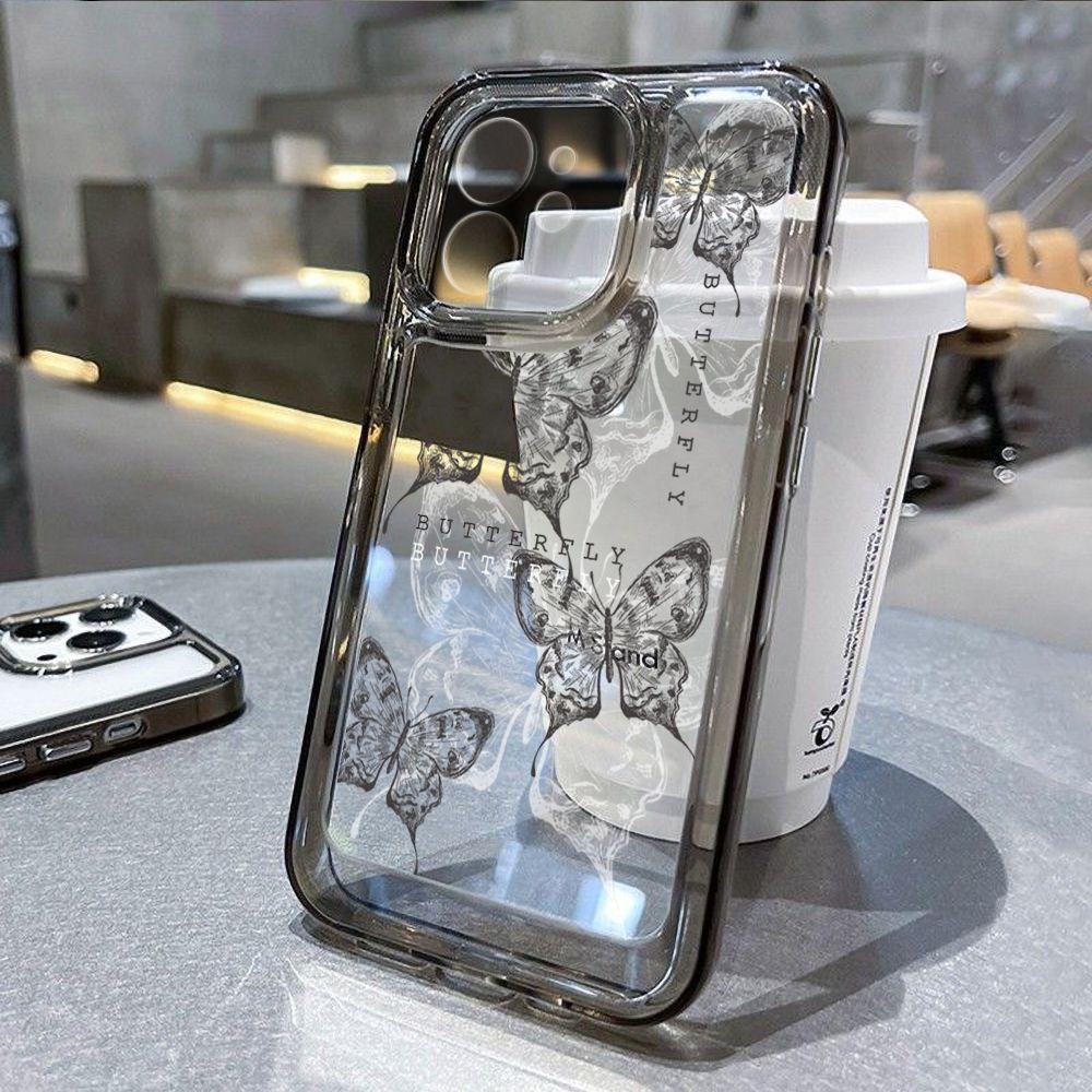 Black butterfly line for iPhone17PorMax transparent phone case 16Pro Apple 15 all-inclusive 13/14