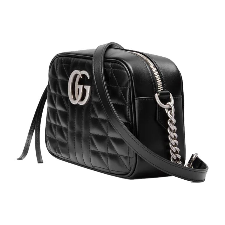 Gucci GG Marmont Series Logo Striped Chevron Quilted Leather Camera Bag Women Shoulder Bag Black 447632-UM8BN-1000