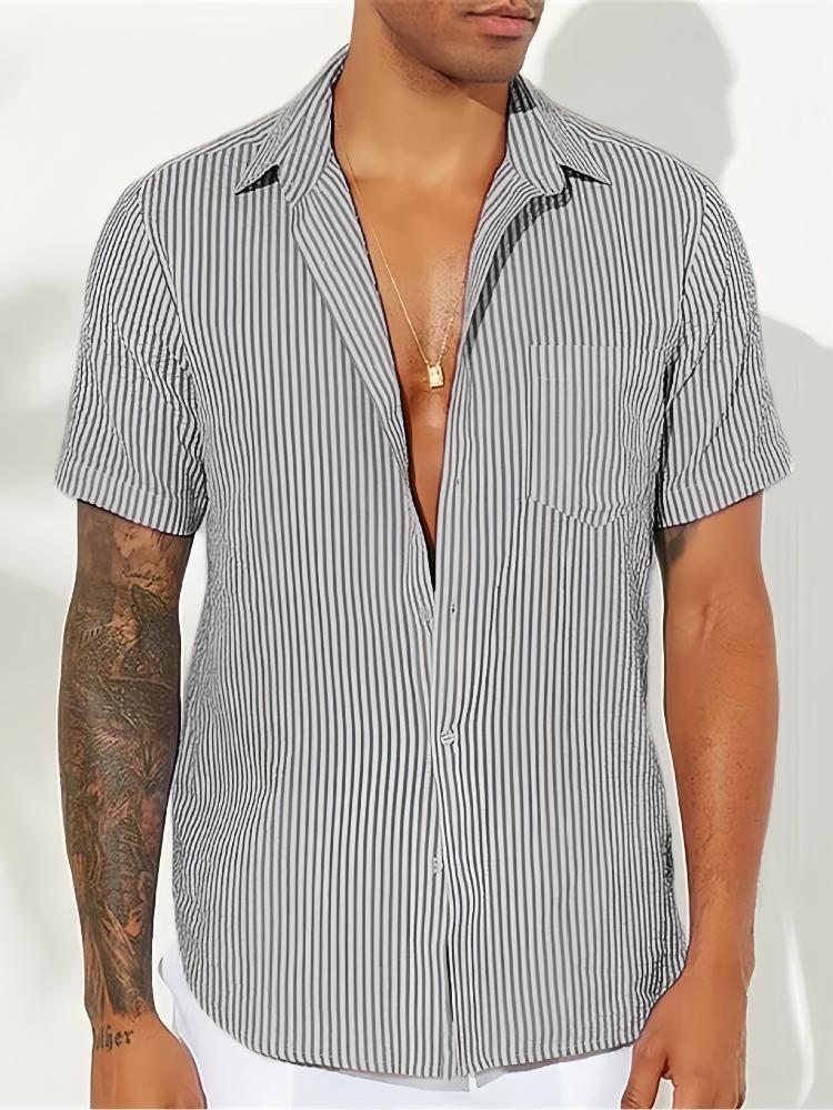 Men's Fashionable Color Woven Striped Casual Short Sleeved Shirt